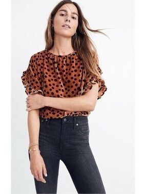 Madewell Velvet Polka Dot Puff Sleeve Top Brown Black Size Small